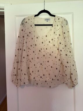 Polagram Cream Sheer V-Neck Blouse with Brown Floral Print